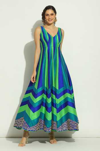 Shop Vandana Sethi Multi Color Silk Mirrors, Chevron Stripe Pattern Anarkali With Dupatta Online at Aza Fashions Shop_Vandana Sethi_Multi Color Silk Mirrors, Chevron Stripe Pattern Anarkali With Dupatta _Online_at_Aza_Fashions