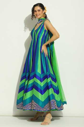 Vandana Sethi Multi Color Silk Mirrors, Chevron Stripe Pattern Anarkali With Dupatta at Aza Fashions Vandana Sethi_Multi Color Silk Mirrors, Chevron Stripe Pattern Anarkali With Dupatta _at_Aza_Fashions
