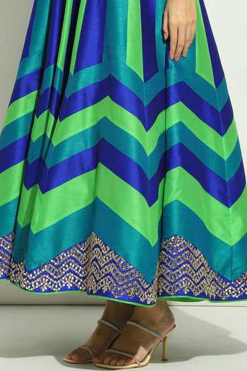 Buy Vandana Sethi Multi Color Silk Mirrors, Chevron Stripe Pattern Anarkali With Dupatta Buy_Vandana Sethi_Multi Color Silk Mirrors, Chevron Stripe Pattern Anarkali With Dupatta