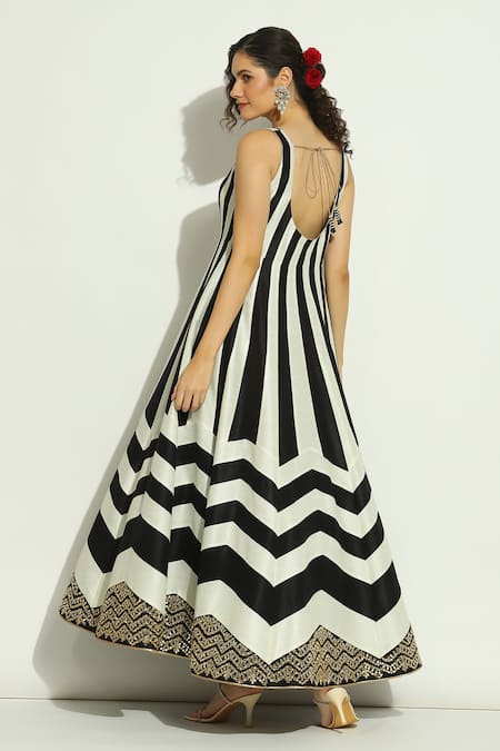 Vandana Sethi Black Silk Mirrors, Embroidery V-neck Stripe Pattern Anarkali With Dupatta Online at Aza Fashions Vandana Sethi_Black Silk Mirrors, Embroidery V-neck Stripe Pattern Anarkali With Dupatta _Online_at_Aza_Fashions