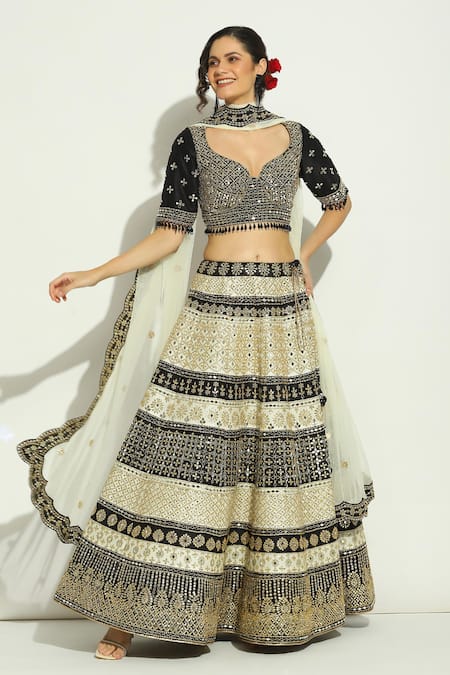 Black embroidered cotton silk semi stitched lehenga with dupatta - Sai Silk  - 2170482