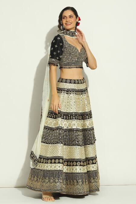Buy_Vandana Sethi_Black Silk, Denim Crystals, Mirrors, Gota Patti Asymmetric Work Lehenga Set _Online_at_Aza_Fashions