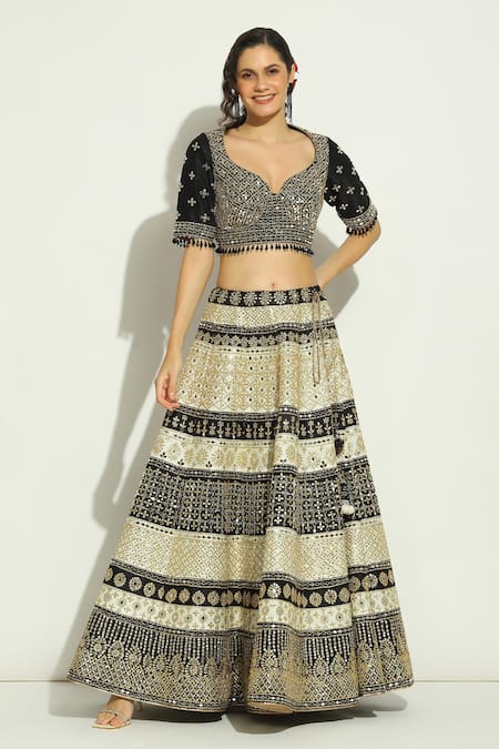 Shop_Vandana Sethi_Black Silk, Denim Crystals, Mirrors, Gota Patti Asymmetric Work Lehenga Set _Online_at_Aza_Fashions