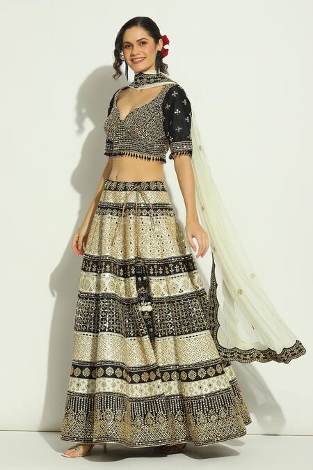 Cream and black embroidered net unstitched lehenga choli - Greenvilla  designs - 1140725