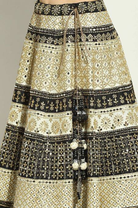 Buy_Vandana Sethi_Black Silk, Denim Crystals, Mirrors, Gota Patti Asymmetric Work Lehenga Set 