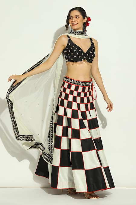 Buy_Vandana Sethi_Black Silk Embroidery, Mirrors, Crystals Checkered Patchwork Lehenga Set _Online_at_Aza_Fashions