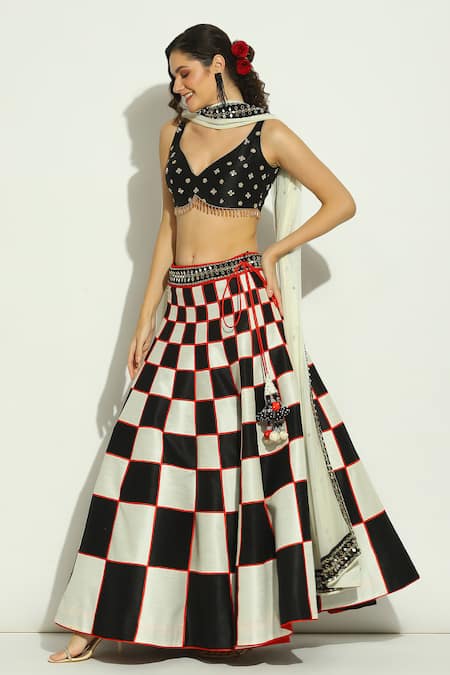 Shop_Vandana Sethi_Black Silk Embroidery, Mirrors, Crystals Checkered Patchwork Lehenga Set _Online_at_Aza_Fashions