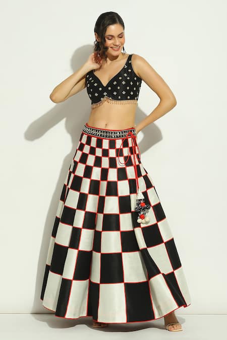 Vandana Sethi_Black Silk Embroidery, Mirrors, Crystals Checkered Patchwork Lehenga Set _at_Aza_Fashions