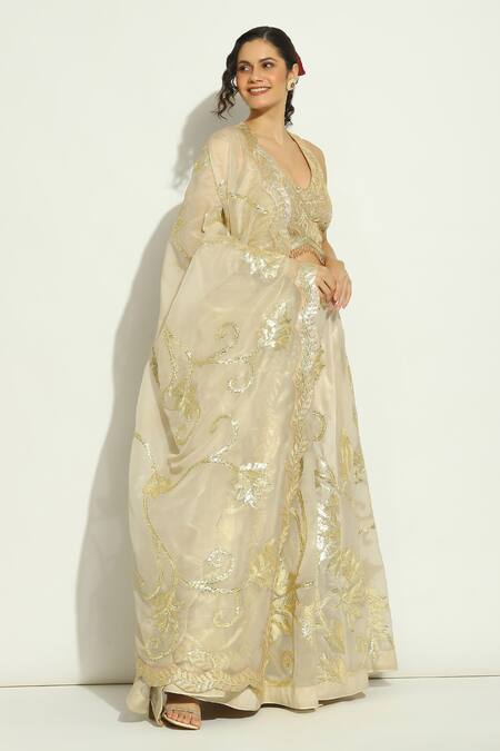 Buy_Vandana Sethi_Ivory Organza Gota Patti, Crystals Halter Neck Work Lehenga Blouse Set _Online_at_Aza_Fashions