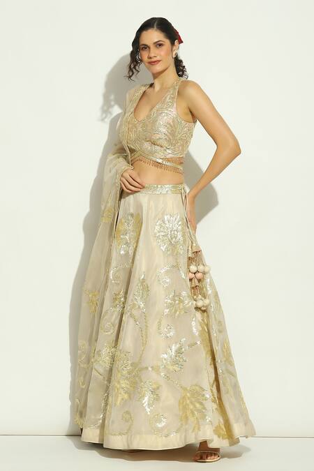 Shop_Vandana Sethi_Ivory Organza Gota Patti, Crystals Halter Neck Work Lehenga Blouse Set _Online_at_Aza_Fashions