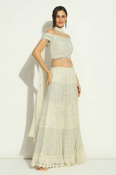 Buy_Vandana Sethi_Ivory Net Crystals, Embroidery Off-shoulder Chikankari Work Lehenga Set _Online_at_Aza_Fashions