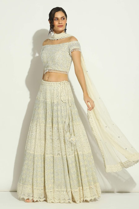 Shop_Vandana Sethi_Ivory Net Crystals, Embroidery Off-shoulder Chikankari Work Lehenga Set _Online_at_Aza_Fashions