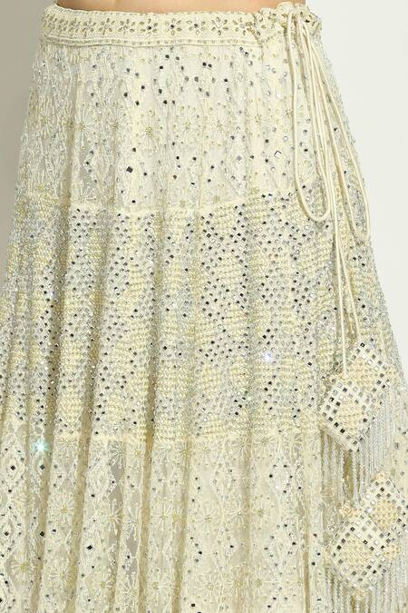 Buy_Vandana Sethi_Ivory Net Crystals, Embroidery Off-shoulder Chikankari Work Lehenga Set 