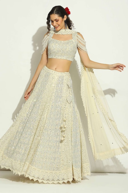 Vandana Sethi Ivory Net Crystals, Embroidery, Stones Square Neck Swarovski Work Lehenga Set