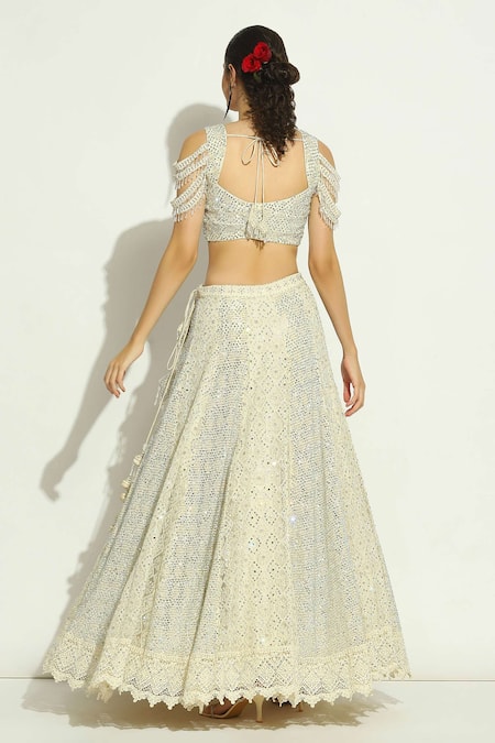 Vandana Sethi_Ivory Net Crystals, Embroidery, Stones Square Neck Swarovski Work Lehenga Set _Online_at_Aza_Fashions