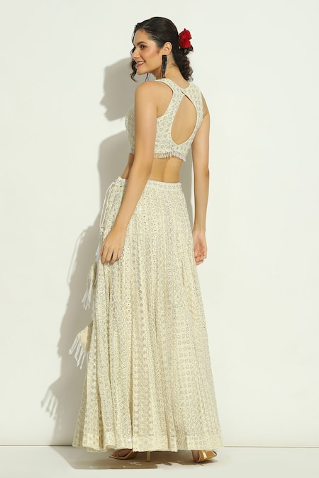 Vandana Sethi_Ivory Net Crystals, Embroidery Halter Neck Chikankari Lehenga Set _Online_at_Aza_Fashions