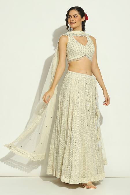 Buy_Vandana Sethi_Ivory Net Crystals, Embroidery Halter Neck Chikankari Lehenga Set _Online_at_Aza_Fashions
