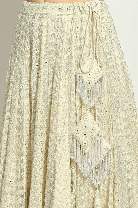 Vandana Sethi_Ivory Net Crystals, Embroidery Halter Neck Chikankari Lehenga Set _at_Aza_Fashions