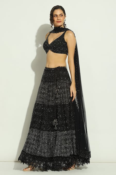 Buy_Vandana Sethi_Black Net Embroidery, Smocking, Stones Plunge Chikankari Work Lehenga Blouse Set _Online_at_Aza_Fashions