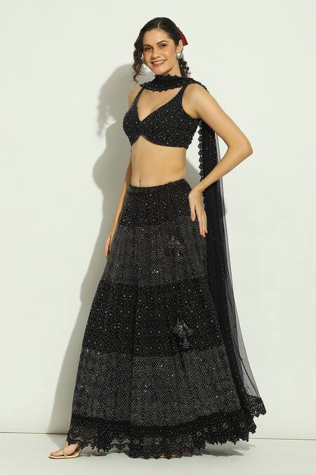 Shop_Vandana Sethi_Black Net Embroidery, Smocking, Stones Plunge Chikankari Work Lehenga Blouse Set _Online_at_Aza_Fashions