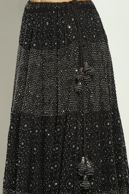 Vandana Sethi_Black Net Embroidery, Smocking, Stones Plunge Chikankari Work Lehenga Blouse Set _at_Aza_Fashions