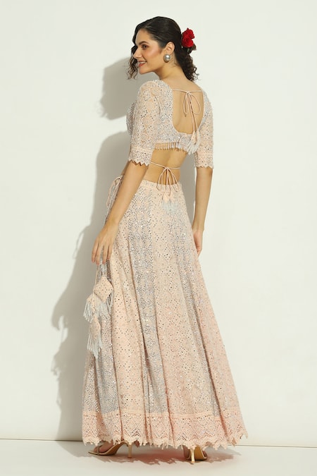 Vandana Sethi_Pink Net Embroidery, Stones Plunge Neck Swarovski Bridal Lehenga Set _Online_at_Aza_Fashions