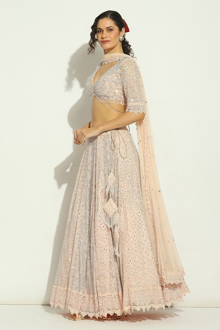 Buy_Vandana Sethi_Pink Net Embroidery, Stones Plunge Neck Swarovski Bridal Lehenga Set _Online_at_Aza_Fashions