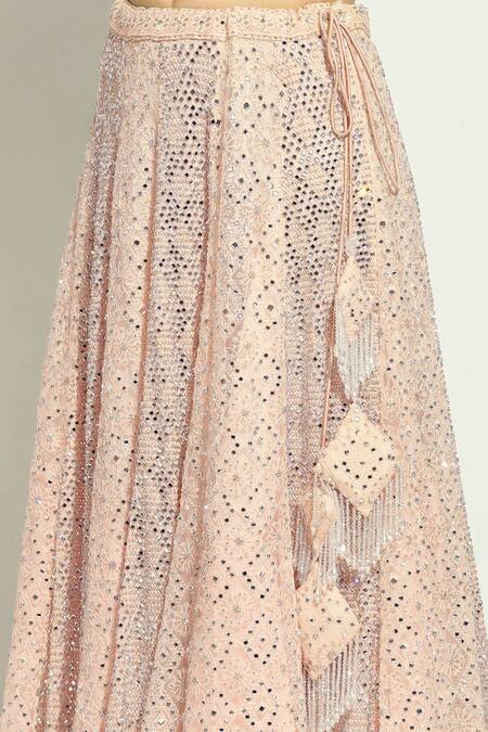 Vandana Sethi_Pink Net Embroidery, Stones Plunge Neck Swarovski Bridal Lehenga Set _at_Aza_Fashions
