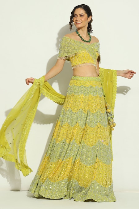Vandana Sethi Multi Color Net Embroidery Chikankari Broad V Neck Blouse Lehenga Set 
