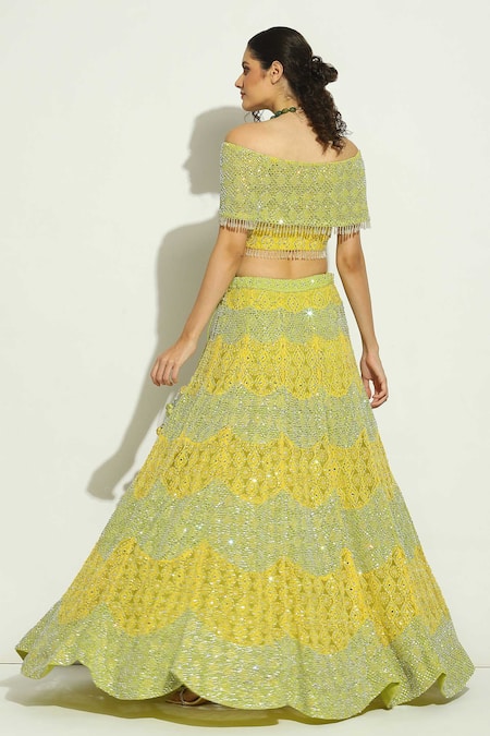 Vandana Sethi Multi Color Net Embroidery, Stones V-neck Blouse Lehenga Set Online at Aza Fashions Vandana Sethi_Multi Color Net Embroidery, Stones V-neck Blouse Lehenga Set _Online_at_Aza_Fashions