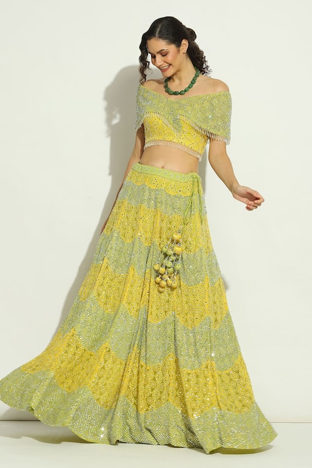 Buy Vandana Sethi Multi Color Net Embroidery, Stones V-neck Blouse Lehenga Set Online at Aza Fashions Buy_Vandana Sethi_Multi Color Net Embroidery, Stones V-neck Blouse Lehenga Set _Online_at_Aza_Fashions