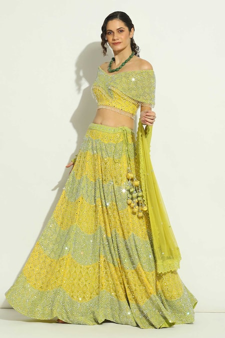 Shop Vandana Sethi Multi Color Net Embroidery, Stones V-neck Blouse Lehenga Set Online at Aza Fashions Shop_Vandana Sethi_Multi Color Net Embroidery, Stones V-neck Blouse Lehenga Set _Online_at_Aza_Fashions