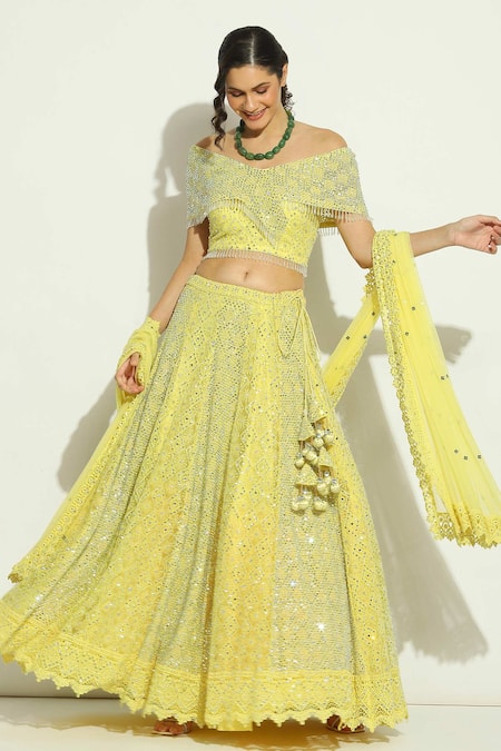 Vandana Sethi Yellow Net Embroidery Chikankari Broad V Neck Geometric Lehenga Blouse Set