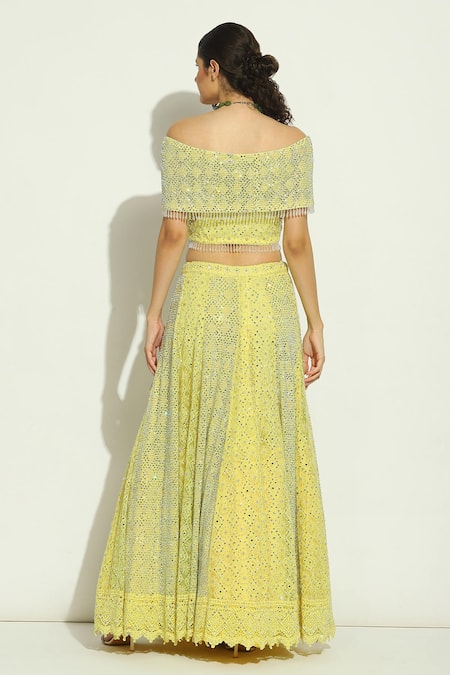 Vandana Sethi Yellow Net Embroidery, Stones, Crystals V-neck Geometric Lehenga Blouse Set Online at Aza Fashions Vandana Sethi_Yellow Net Embroidery, Stones, Crystals V-neck Geometric Lehenga Blouse Set _Online_at_Aza_Fashions