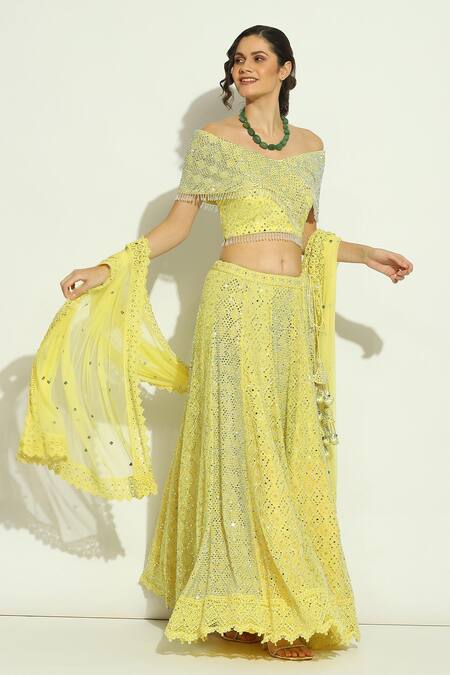 Buy Vandana Sethi Yellow Net Embroidery, Stones, Crystals V-neck Geometric Lehenga Blouse Set Online at Aza Fashions Buy_Vandana Sethi_Yellow Net Embroidery, Stones, Crystals V-neck Geometric Lehenga Blouse Set _Online_at_Aza_Fashions