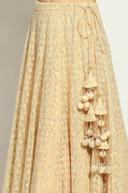 Buy_Vandana Sethi_Peach Net Embroidery, Stones Halter Neck Floral Lehenga Set 