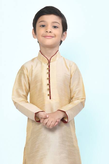 Samyukta Singhania_Beige Silk, Chanderi Band Collar Straight Kurta Set_Online_at_Aza_Fashions