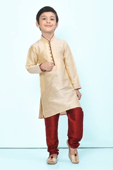 Buy_Samyukta Singhania_Beige Silk, Chanderi Band Collar Straight Kurta Set_Online_at_Aza_Fashions