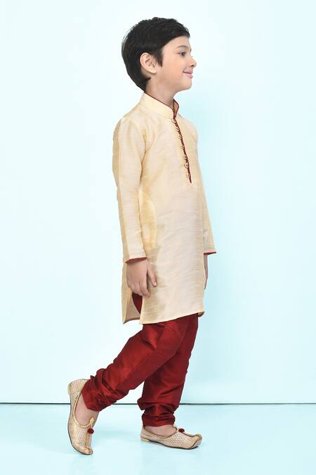 Shop_Samyukta Singhania_Beige Silk, Chanderi Band Collar Straight Kurta Set_Online_at_Aza_Fashions