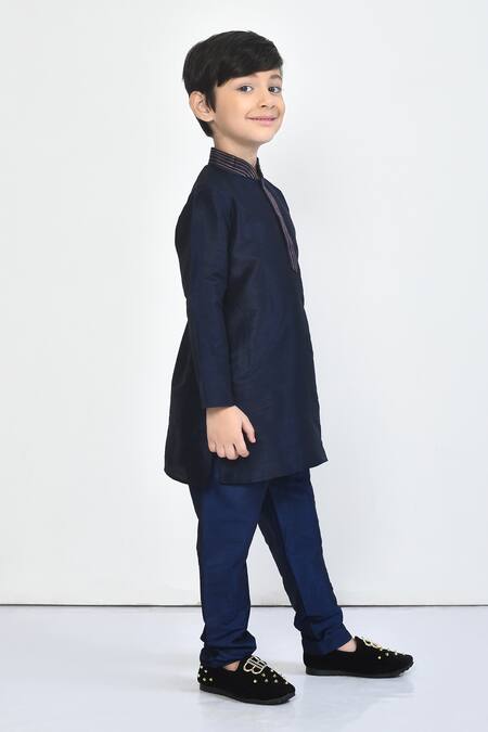 Petite Pomme_Blue , Chanderi Embroidery Collar Kurta Set _at_Aza_Fashions