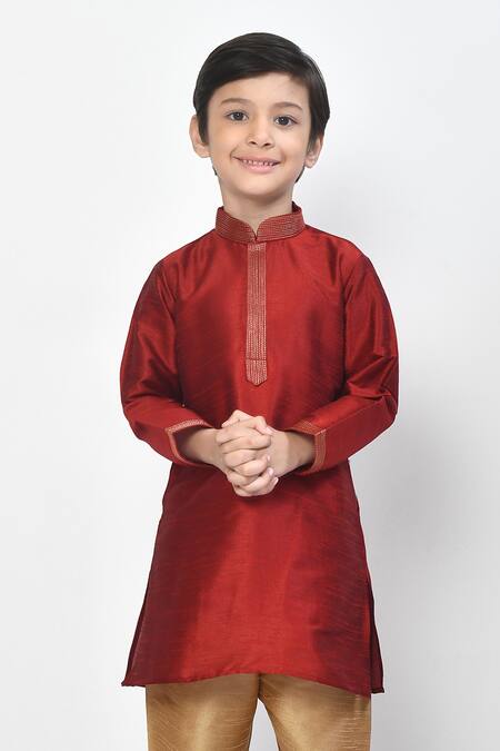 Shop_Petite Pomme_Maroon Silk, Silk, Embroidery Placement Thread Work Kurta Set _Online_at_Aza_Fashions