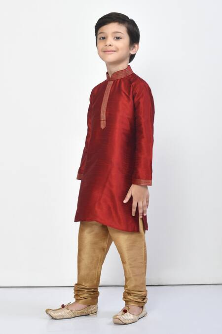 Petite Pomme_Maroon Silk, Silk, Embroidery Placement Thread Work Kurta Set _at_Aza_Fashions