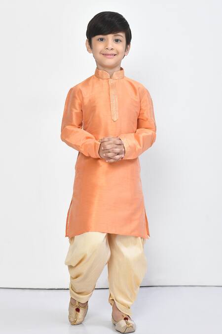 Petite Pomme_Peach Silk Embroidery Pastel Straight Kurta And Dhoti Pant Set_Online_at_Aza_Fashions