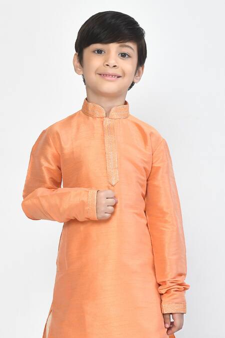 Buy_Petite Pomme_Peach Silk Embroidery Pastel Straight Kurta And Dhoti Pant Set_Online_at_Aza_Fashions