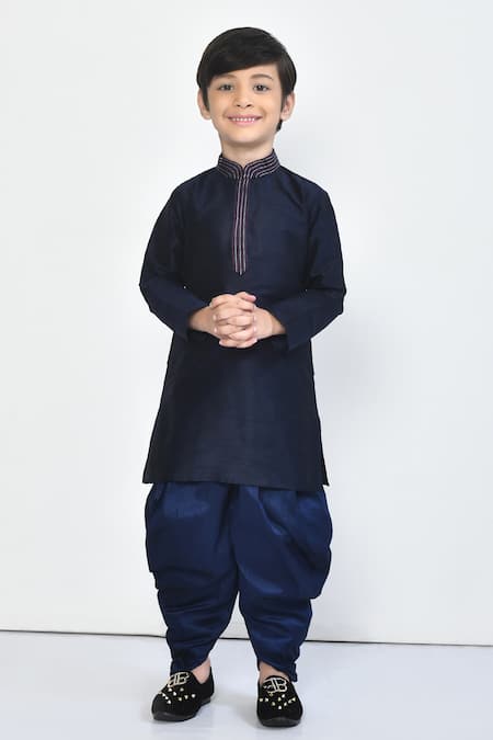 Petite Pomme_Blue Silk Embroidery Collar Kurta Dhoti Pant Set _Online_at_Aza_Fashions