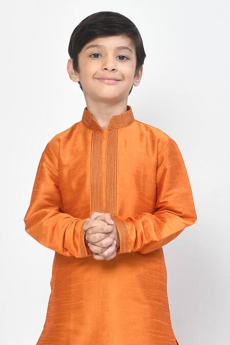 Buy_Petite Pomme_Orange Silk Embroidery Thread Collar Kurta Dhoti Pant Set_Online_at_Aza_Fashions