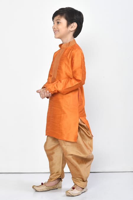 Shop_Petite Pomme_Orange Silk Embroidery Thread Collar Kurta Dhoti Pant Set_Online_at_Aza_Fashions