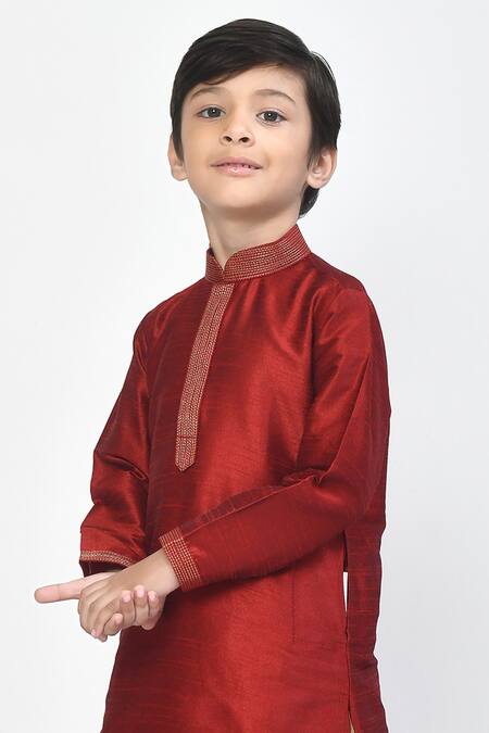 Petite Pomme_Maroon Silk Embroidered Kurta And Dhoti Pant Set _at_Aza_Fashions