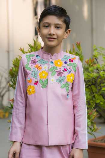 BA BA Baby Clothing CO_Pink Silk Embroidered Applique Gardenia Grace Bundi Kuta Set_Online_at_Aza_Fashions