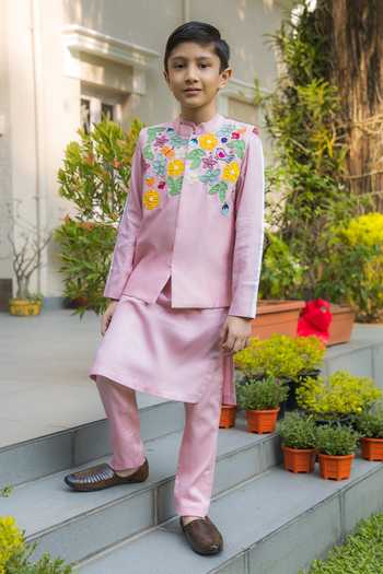 Buy_BA BA Baby Clothing CO_Pink Silk Embroidered Applique Gardenia Grace Bundi Kuta Set_Online_at_Aza_Fashions